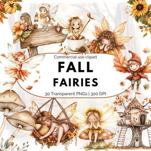 Fall Fairy Clipart PNG, Whimsical Autumn Forest Fairies, Watercolor Magical Fairy Garden Digital Download