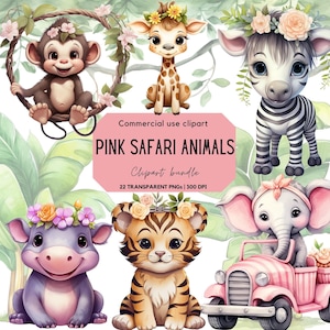 Aquarelle rose bébé animaux de safari des cliparts | Clipart jungle | Baby Shower Safari | Décoration de chambre d'enfant | Animaux de la jungle png | Animaux de safari mignons