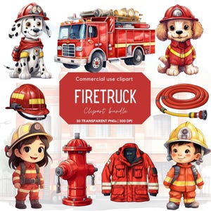 Clipart aquarelle de camion de pompier | Pompier | Caserne de pompiers | Pompiers | Pompier| Anniversaire d'un camion de pompier | Service d'incendie | Décoration de chambre d'enfant