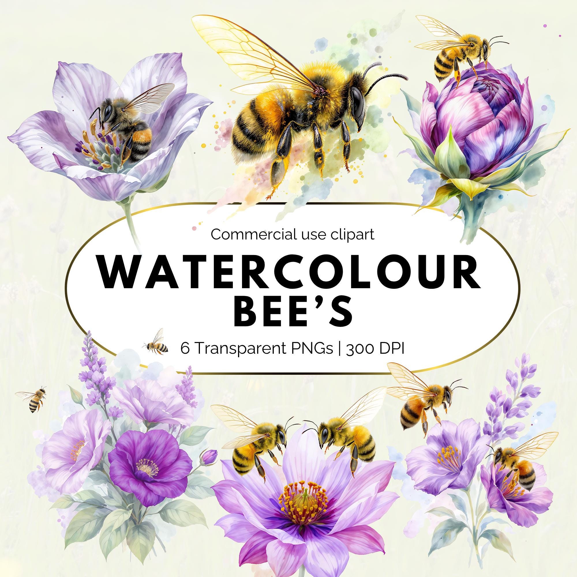 Watercolor Bee Clipart Bundle, Honey Bee and Floral PNG Set, Bumblebee ...
