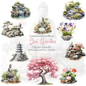 Clipart jardin zen aquarelle | Art de jardin japonais | Pierres zen | Arbre sakura | Art japonais | Paysage asiatique png | fleur de lotus