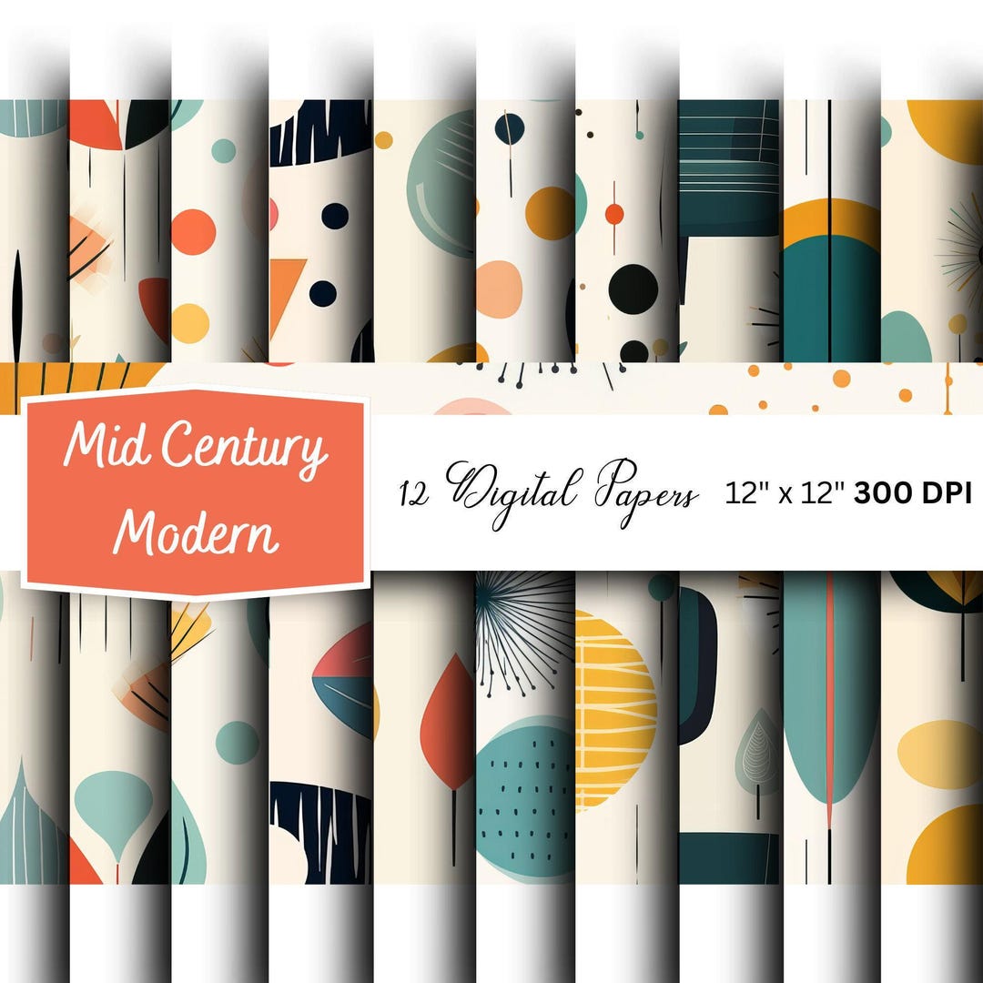 Mid Century Modern Digital Paper: 1950s Retro Seamless Patterns (PNG ...