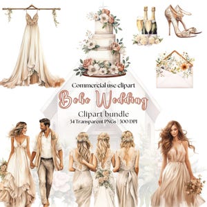 Clipart de boda boho en acuarela / Floral boho / Boda boho / Flores boho / Boda rústica Png / Novia boho / Pastel de bodas