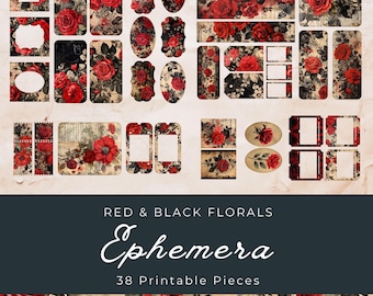Red & Black Floral Junk Journal Ephemera: Gothic Scrapbook Extras (US Paper Size) (Printable)