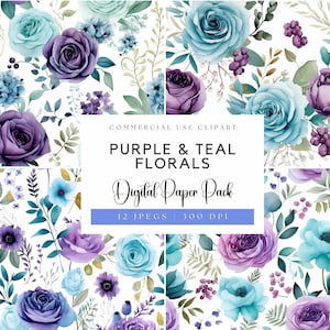 Lila & Türkis Florale digitale Papiere | Aquarell Blumenhintergründe violett und blaugrün Rosen | Hochzeitseinladungspapiere | Aquarell Blumen