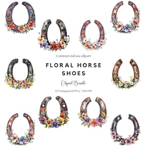 Floral Horseshoe Clipart: Equestrian PNG Bundle (Digital Download)