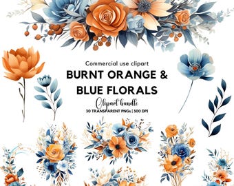 Burnt Orange & Blue Watercolor Floral Clipart: Wedding Invitation Flowers (Digital Download)