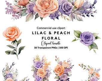 Lilac and Light Peach Floral Clipart PNG, Watercolor Wedding Flowers, Botanical Floral Bouquet Download