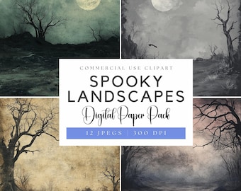 Paquete de papeles digitales de paisajes de Halloween espeluznantes: Fondos espeluznantes (descarga digital)