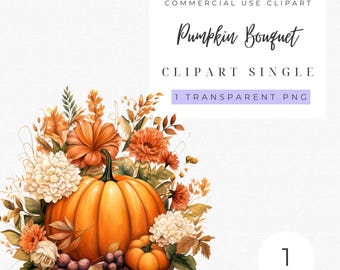 Watercolor Pumpkin Bouquet Clipart: Autumn Florals (PNG)