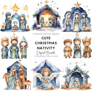 Clipart della Natività di Natale / Scena della Natività carina / Scena della Bibbia / Gesù Bambino / Maria e Giuseppe / I tre re / Religioso / Gesù cristiano