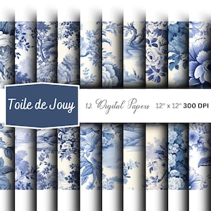 Papiers numériques Toile de Jouy aquarelle | Papier pour chinoiseries | Chinoiseries françaises | Chinoiseries bleues | Modèle sans couture | Papier imprimable