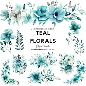 Turquoise bloemenclipart: aquarelbloemen, trouwuitnodiging (digitale download)