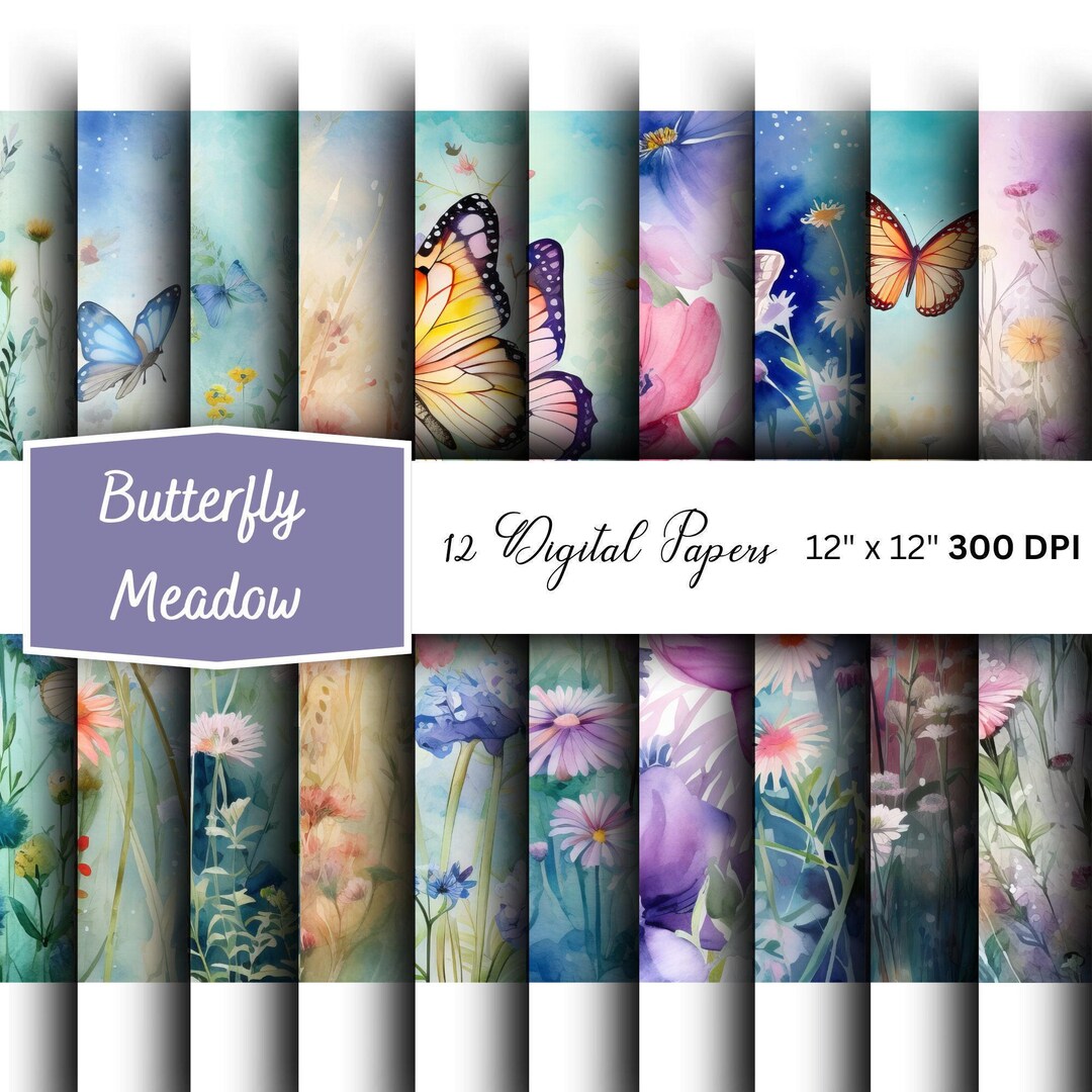 Watercolor Butterfly Meadow Digital Papers | Wildflower Papers ...