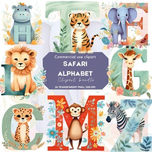 Safari Alphabet Clipart | Animais fofos de Safari | Chá de bebê de Safari | Decoração de berçário de Safari | Letras de Doodle Png | Letras da selva