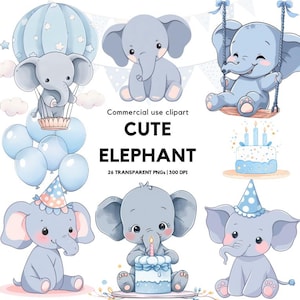 Lindo elefante azul clipart / Elefante bebé de acuarela / Animal lindo / Baby shower / Arte de pared para guardería / Decoración de guardería / Animales de acuarela