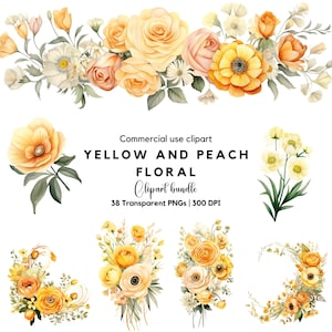 Clipart floral jaune et pêche, aquarelle de fleurs pour faire-part de mariage, couronne de fleurs jaune pêche, mariage jaune et pêche, floral jaune