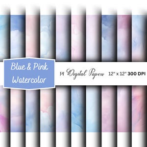 Blauw en roze aquarel textuur digitaal papier: wolken achtergrond (digitale download)