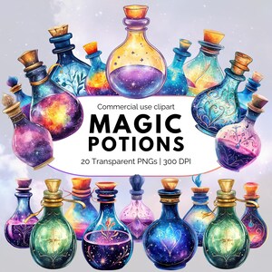 Watercolor Magic Potions Clipart: Halloween Witchcraft PNG Bundle (Commercial Use