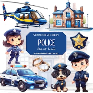 Clipart della polizia ad acquerello / Poliziotto / Stazione di polizia / Auto della polizia / Compleanno della polizia / Dipartimento di polizia / Decorazione per la cameretta dei bambini