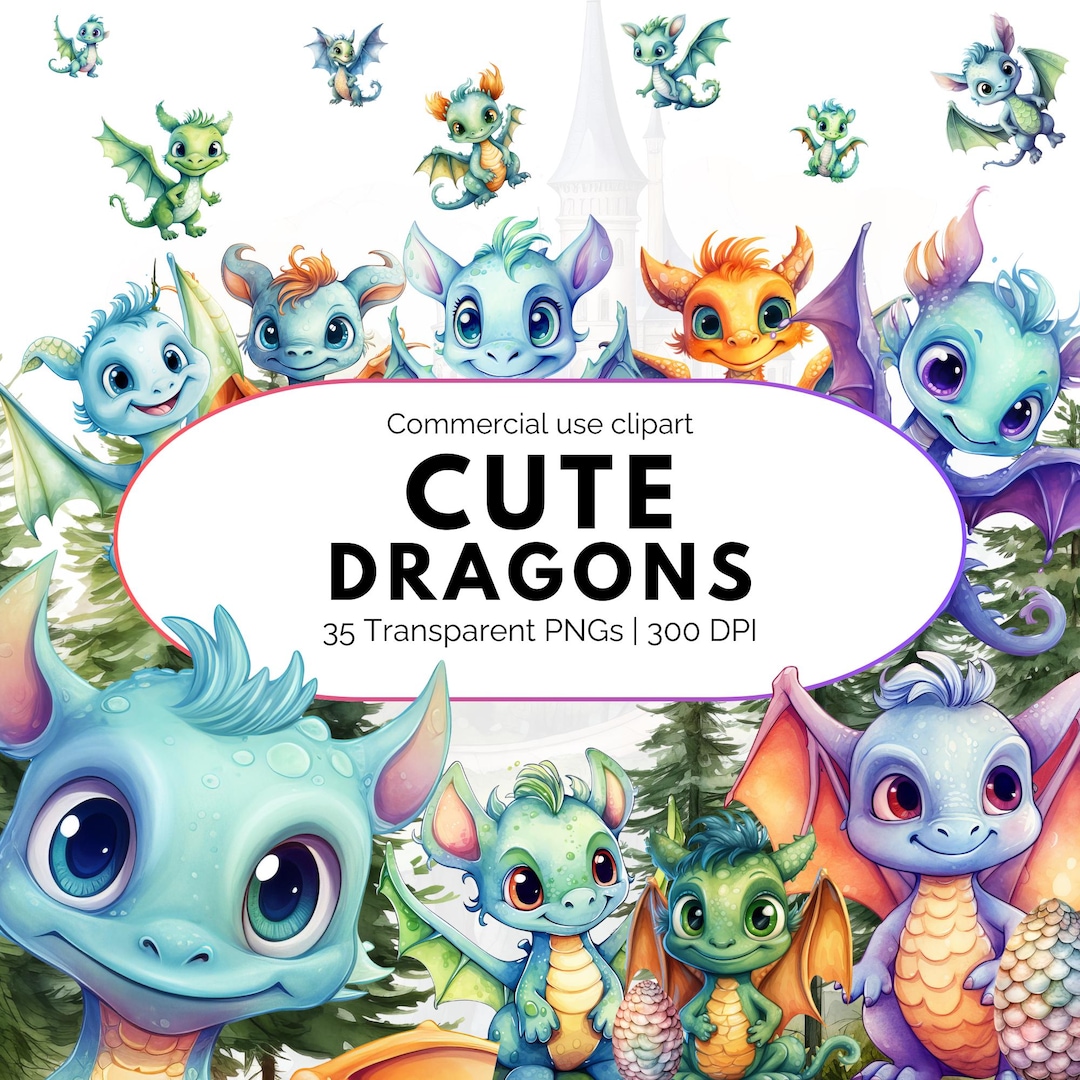 Cute Dragon Clipart Bundle, Baby Dragon PNG Set, Fantasy Watercolor ...
