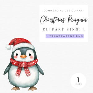 Clipart de pingüino navideño en acuarela / Lindo pingüino png / Pingüino navideño / Pingüino festivo / Sublimación de pingüino / Clipart navideño