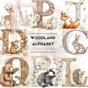 Imágenes prediseñadas de letras del alfabeto de bosque / Alfabeto de animales / Alfabeto de acuarela / Decoración de guardería / Arte de pared de guardería / Baby shower de bosque