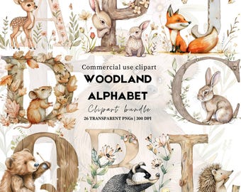 Woodland alphabet letter clipart | Animals Alphabet | Alphabet Watercolor | Nursery Decoration | Nursery wall art | Woodland baby shower