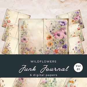 Strony dziennika „Wildflower Junk Journal”: cyfrowy papier kwiatowy, album ze zdjęciami (pobranie cyfrowe)