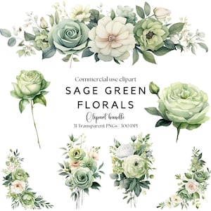 Clipart floral verde salvia / Rosa verde salvia / Peonía verde salvia / Florales bohemios / Boda verde salvia / Flores bohemias / Boda bohemia
