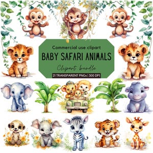 Aquarelle bébé animaux de safari des cliparts | Clipart jungle | Baby Shower | Art pour chambre d'enfant | Clipart pour usage commercial | PNG transparents