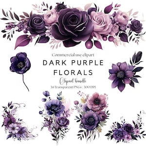 Clipart di fiori viola scuro / Fiori viola scuro / Matrimonio viola scuro / Fiori gotici / Fiori viola png / Fiori gotici png