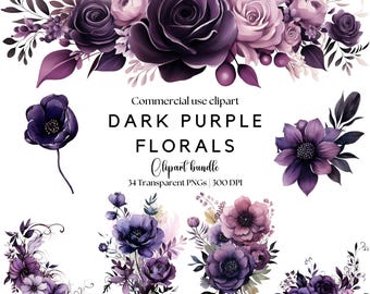 Dark Purple Floral Clipart: Gothic Wedding Flowers (PNG)