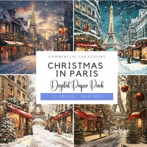 Christmas in Paris Digital Papers | Christmas Clipart | Christmas Watercolor | Eiffel Tower Png | Christmas Scene | Winter Cafe