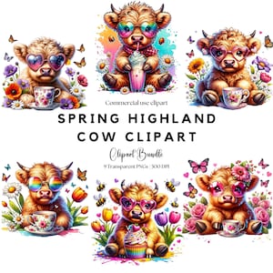 Watercolor Spring Highland Cow Clipart | Cute Highland Cow | Baby highland cow | Spring flowers | Cute farm animals | Sublimation pngs