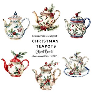 Watercolor Christmas Teapot Clipart: Vintage Festive Tea Party (PNG)