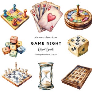 Game Night Clipart | Card Game | Board Games | Game controller | Party games | Chess | Backgammon | Dice | Sand timer | Spinner