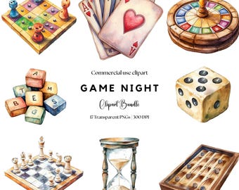 Game Night Clipart | Card Game | Board Games | Game controller | Party games | Chess | Backgammon | Dice | Sand timer | Spinner