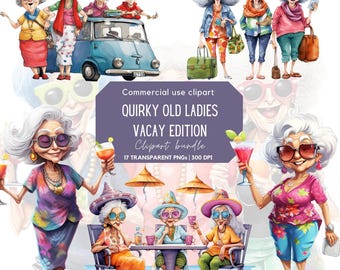 Quirky Old Ladies Clipart - Vacay edition | Funny Old People | Cheerful Old Lady | Grandma  | Grannies | Elderly | Cartoon Grandmother