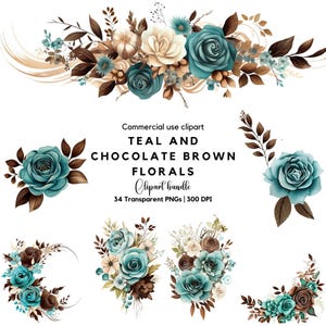 Teal e Chocolate Brown Floral Clipart | Teal Floral Png | Flores de casamento | Flores Teal | Casamento Teal e chocolate | Flores de casamento