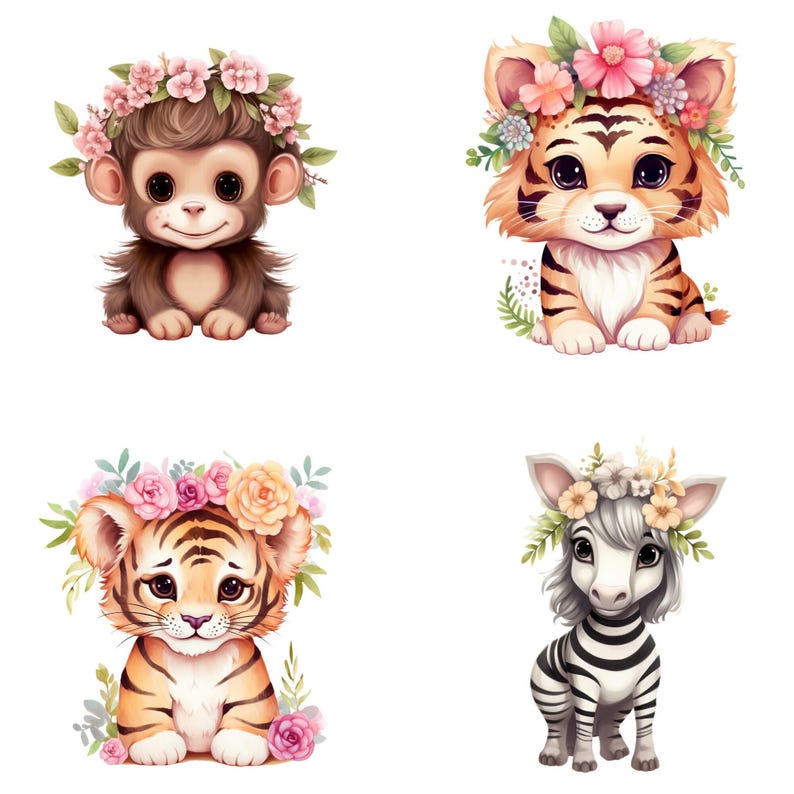 Boho Safari Animals Clipart, Watercolor Jungle Animal PNG Bundle, Baby ...