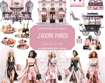 Watercolor J&#39;adore Paris Clipart | Eiffel Tower | High Fashion | Arc de Triompf | Shopping | Couture | Croissant | Macaroon | Champagne