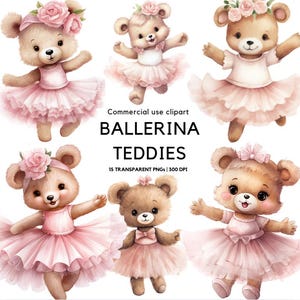 Aquarell Ballerina Teddy Clipart | Niedliches Ballett | Ballett Tanz | Kinderzimmer Teddy Bär | Babytier | Babyparty Clipart | Baby Ballerina