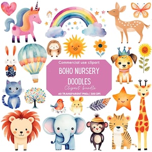 Clipart con scarabocchi ad acquerello per bambini / Boho Baby / Baby Shower png / Animale carino / Animale per bambini / Elefante / Leone / Giraffa / Tigre / Unicorno