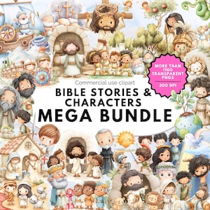 May include: A digital illustration featuring various Bible characters and scenes. The image includes Jesus on the cross, Noah's Ark, and other figures. Text reads "BIBLE STORIES & CHARACTERS MEGA BUNDLE" and "MORE THAN 1100 TRANSPARENT PNGS 300 DPI".