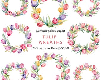 Watercolor Tulip Wreath Clipart: Spring Floral Frames (Digital Download)