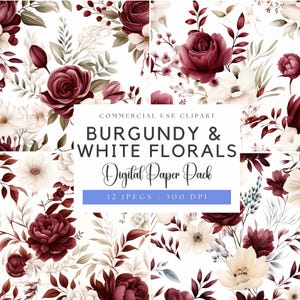 Digitaal papier met bordeaux en witte bloemen | Bourgondische bruiloft | Aquarelbloemen | Bruiloftsclips | Huwelijksuitnodiging | Bourgondisch boeket