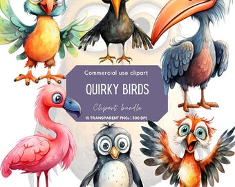 Quirky Birds Watercolor Clipart: Funny Animal Illustrations (Digital Download)