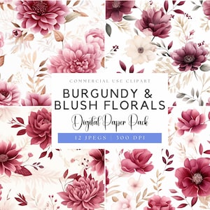 Confezione di carta digitale floreale bordeaux e rosa / Fiori rosa / Fiori per matrimoni / Fiori primaverili / Bouquet acquerellati / Inviti per matrimoni