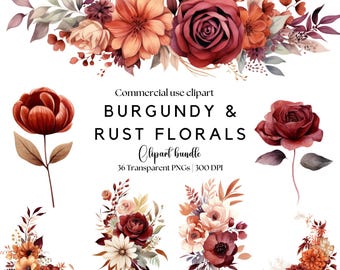 Burgundy Rust Floral Clipart: Autumn Watercolor Flowers (PNG)